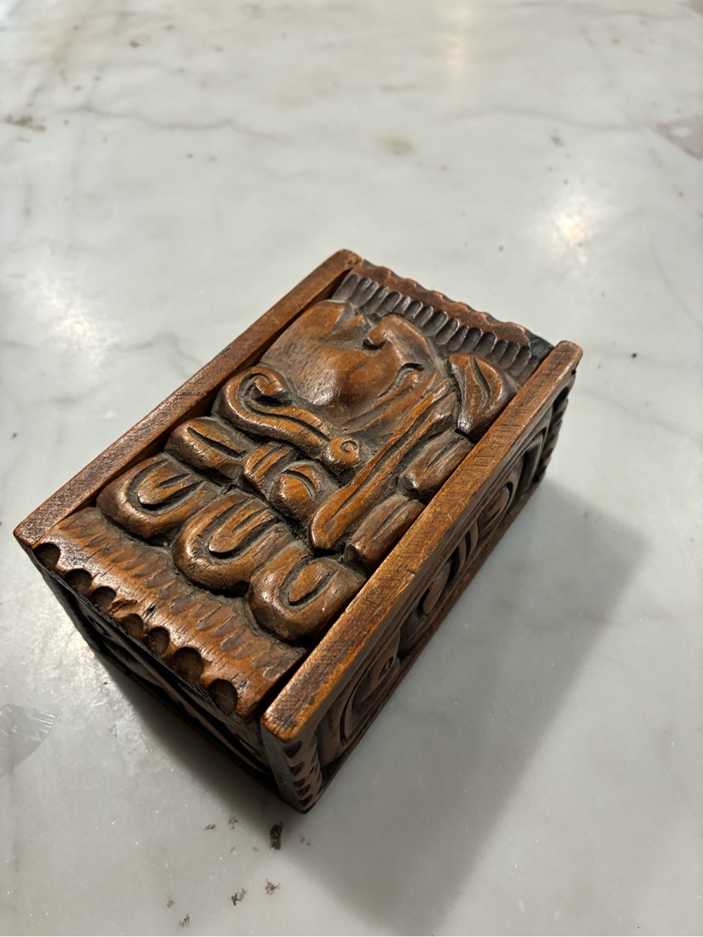 Vintage Hand Carved Wood Keepsake Box Intricate Mayan Style
